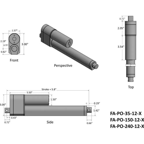 Actuateur Linéaire 6po. et Force 35lb Firgelli Automation (Potentiomètre) 6" Stroke Firgelli Automation 12VDC  35lb Force Linear Actuators w/ Pot Feedback