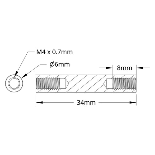ServoCity Série 1501 Entretoise M4 x 0.7mm (OD 6mm, Longueur 34mm) - Pack de 4 ServoCity 1501 Series M4 x 0.7mm Standoff (6mm OD, 34mm Length) - 4 Pack