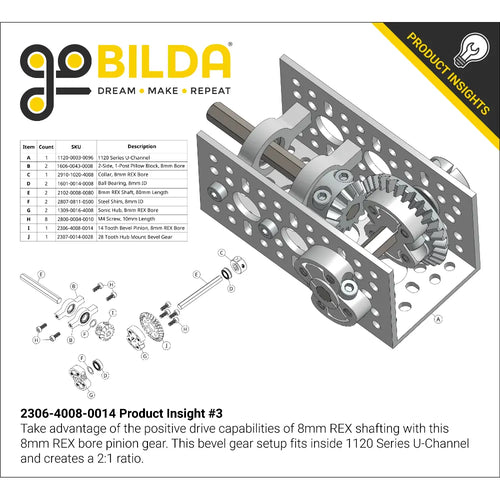 ServoCity Série 2306, MOD 1.5, Pignon à Serrage Engrenage Conique (Alésage REX™ 8mm, 14 Dents) ServoCity 2306 Series, MOD 1.5, Clamping Pinion Bevel Gear (8mm REX™ Bore, 14 Tooth)