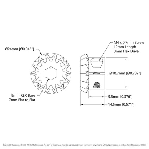 ServoCity Série 2306, MOD 1.5, Pignon à Serrage Engrenage Conique (Alésage REX™ 8mm, 14 Dents) ServoCity 2306 Series, MOD 1.5, Clamping Pinion Bevel Gear (8mm REX™ Bore, 14 Tooth)