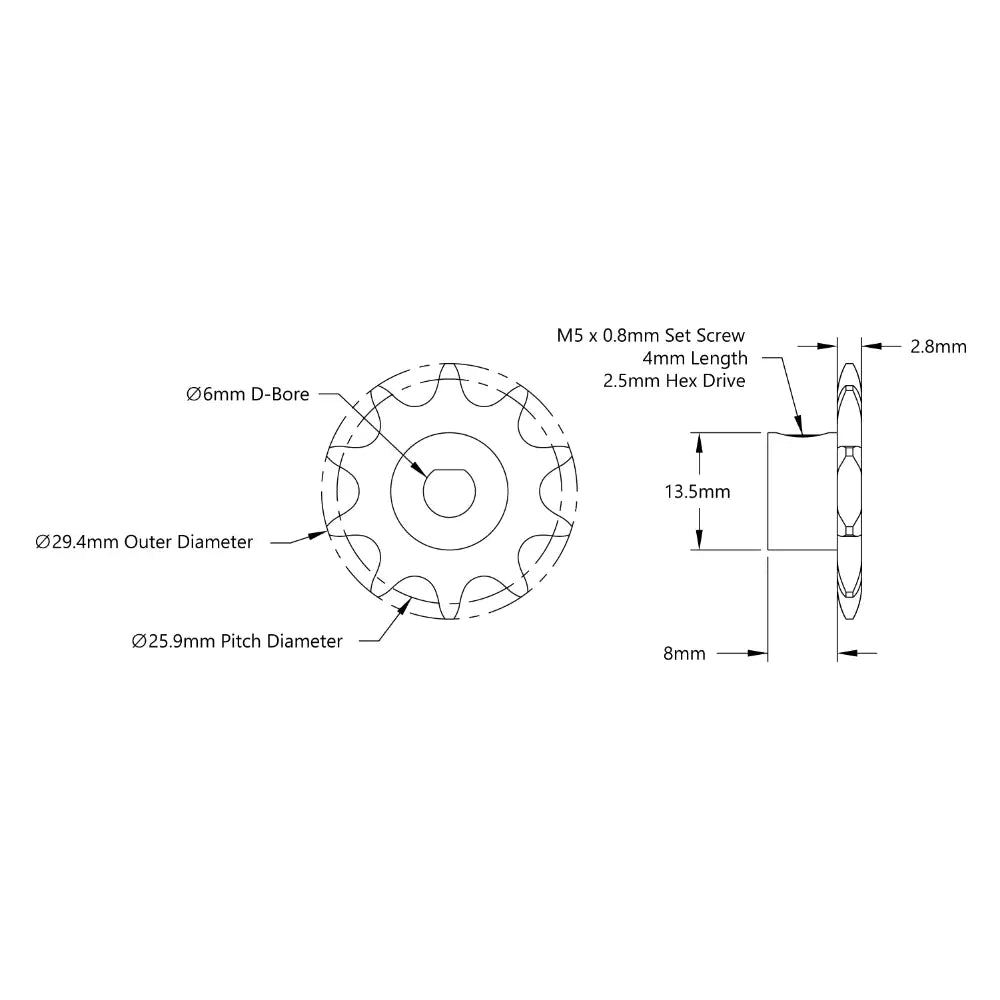 5307-1006-0010 6mm D-Bore Sprocket,10 Tooth Set Screw Sprocket Reliable Performance Sprocket Set Screw Sprocket Industrial Robot Accessories