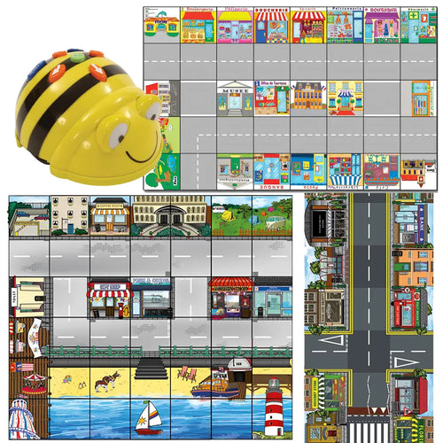 TTS Bee-Bot Coding Robot with Seaside Mat, French Town Mat, and Busy Street Mat, STEM Educational Programming Learning Robotics Toy for Kids Age 3+
