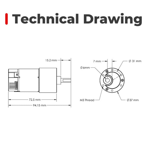 12V Brushed DC Motor with built-in encoder, 100 RPM speed