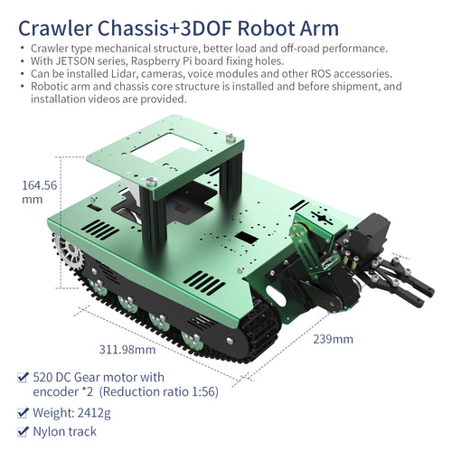 Yahboom Aluminum Alloy ROS Robot Car Chassis--Crawler Chassis+3DOF Robotic arm