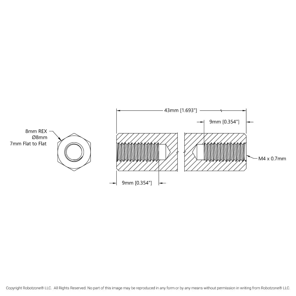 1516 Series 8mm REX™ Standoff (M4 x 0.7mm Threads, 43mm Length) - 4 Pack