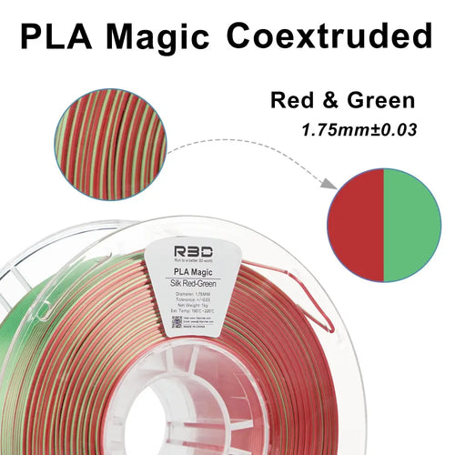 R3D Dual Colour Silk PLA Magic Filament 1.75mm 1kg - Red/Green
