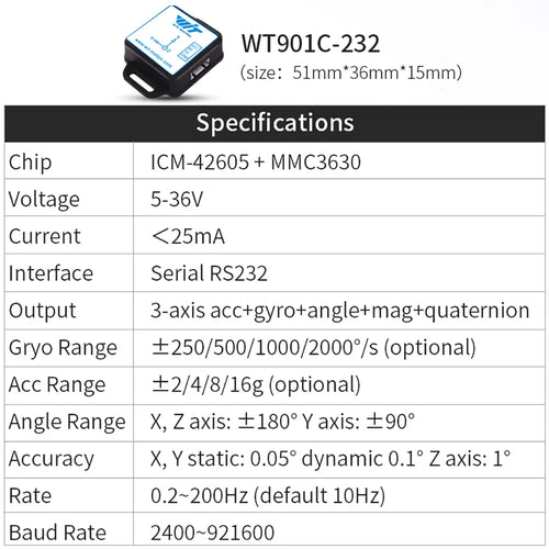 Witmotion WT901C-232 MPU9250 Gyroscope Sensor, Triaxial Acceleration, Gyro, Angle, Digital Compass for Arduino