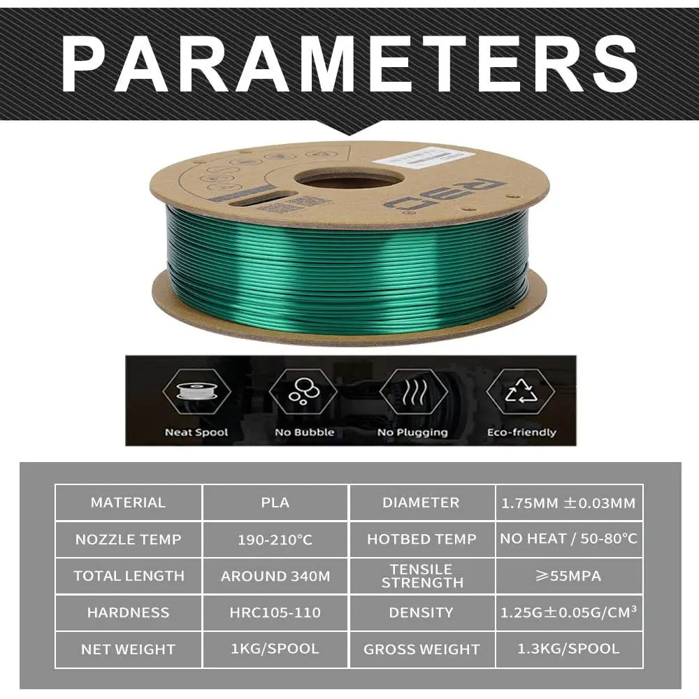 Green R3D Silk PLA Filament 1.75mm 1kg