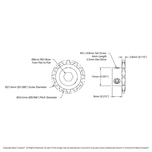 Pignon à vis sans fin #25 (Alésage REX™ de 8mm, 12 dents)
