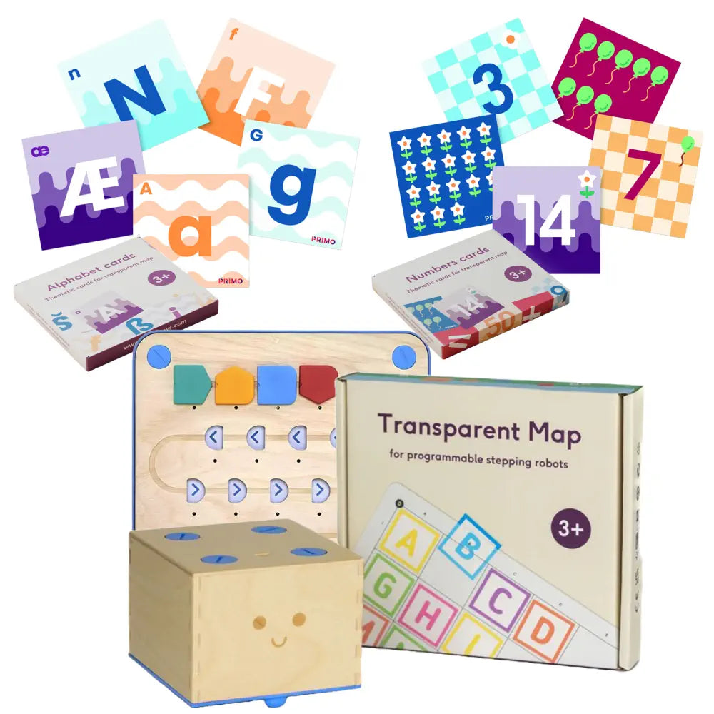 Primo Cubetto+ Coding Robot Playset - Screen Free Programming - Hands on Coding with Transparent Mat, Number &amp; Alphabet Cards - STEM Learning Activities for Kids | Age 3+