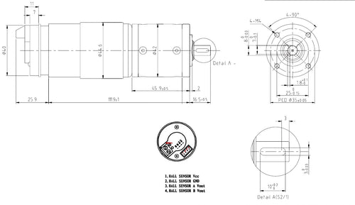 42mm DC12V Planetary Gear Motor, 126RPM, 2.3nm, Hall Sensor Encoder, 13PPR