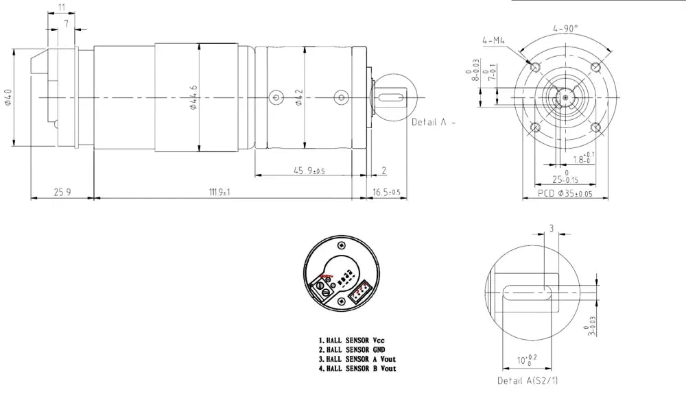 42mm DC12V Planetary Gear Motor, 126RPM, 2.3nm, Hall Sensor Encoder, 13PPR