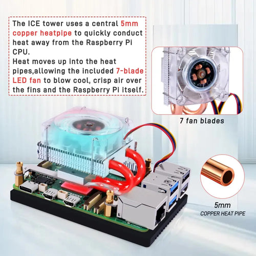 52Pi Low-Profile ICE Tower Cooling Fan RGB LED Light for Raspberry Pi 5