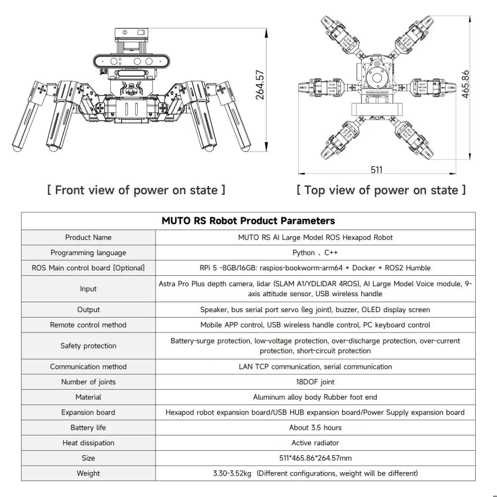 18DOF Muto RS AI Large Model Hexapod Robot ROS2 for Raspberry Pi 5--4ROS Lidar Kit without Raspberry Pi board