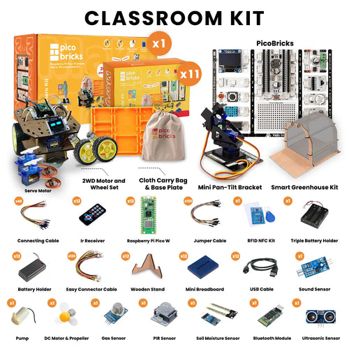 PicoBricks - Raspberry Pi Pico Starter Kit with 12 Sensors and Extensive Learning Guide, Raspberry Pi Classroom Kit