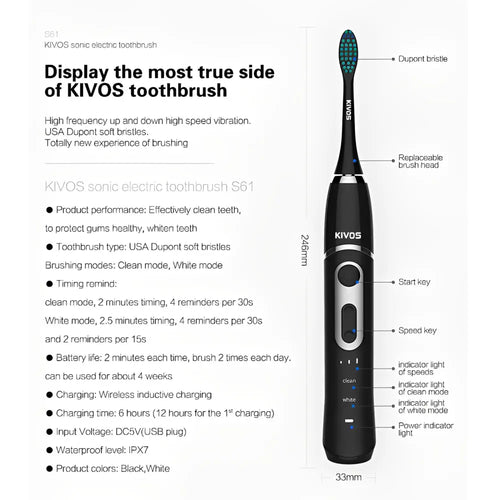 KIVOS Sonic Electric Rechargeable Toothbrush, Perfect For Adults Improve Oral Health Comfortable Cleaning with 2 DuPont Brush Heads - White