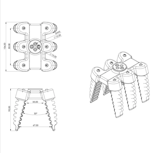 Six Finger Parallel Softgripper, 15 Degree Cone Angle