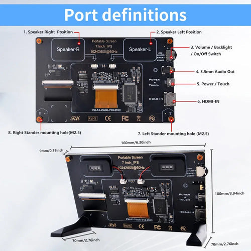 52Pi 7-inch IPS Touch Screen 1024x600 w/ Speakers for Raspberry Pi, Windows PC