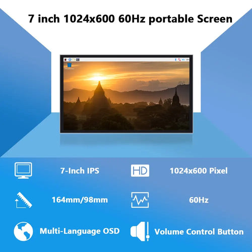 7-Inch 1024x600 IPS Display 60Hz Portable Monitor for RPi Windows PC (No Touch)