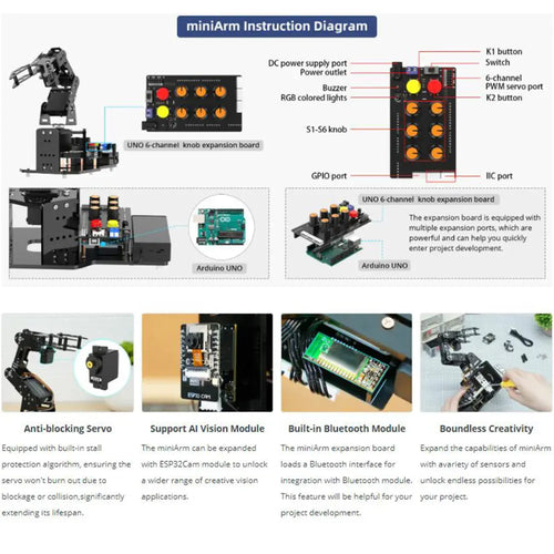 miniArm Open Source AI Robotic Arm Support Sensor Expansion, Arduino Programming (Starter Kit)