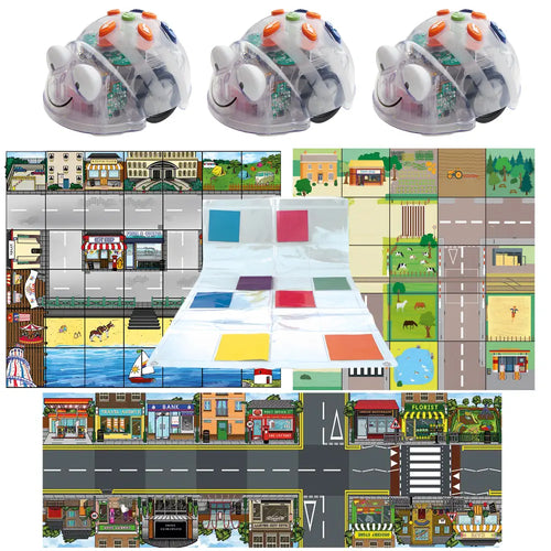 TTS 3 Blue Bot Classroom Bundle with Mats Including 1x Country Side, 1x Transparent Pocket Mat 4x6, 1x Seaside Mat, 1x Busy Street Mats