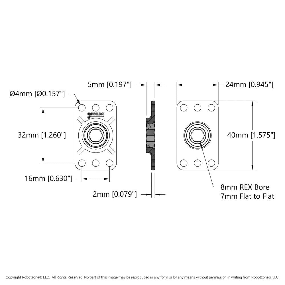 8mm REX™ Bore Flat Pillow Block (16mm x 32mm Mounting Pattern) - 2 Pack