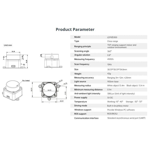 LD19 D300 LiDAR Developer Kit, 360 DToF Laser Scanner, Supports ROS1/2, Raspberry Pi &amp; Jetson Nano