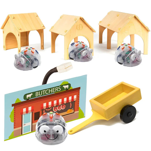 TTS Fun Kit Blue Bot Coding Robot with Wooden Tunnels, Trailer, and Robot Sensor Fronts Bundle Pack