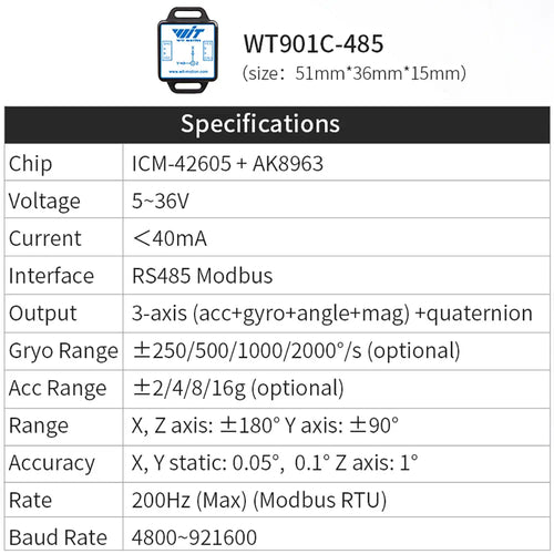 Witmotion WT901C-485 MPU9250 High-Precision 9-Axis Gyro, Accelerometer, Magnetometer &amp; Digital Compass