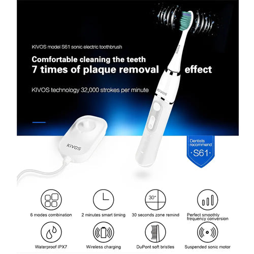 KIVOS Sonic Electric Rechargeable Toothbrush, Perfect For Adults Improve Oral Health Comfortable Cleaning with 2 DuPont Brush Heads - White