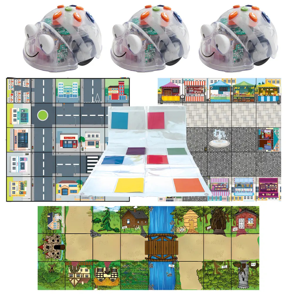 TTS 3 Blue-Bot Classroom Bundle - People Who help Us Mat, Marketplace Mat, Fairy Tale Mat and Transparent Pocket Mat 4 x 6 - Bluetooth Programmable Robots for STEM, Coding &amp; Early Learning | Ages 3+