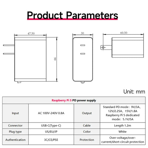 27W 5.1V/5A PD Power Supply for Raspberry Pi 5