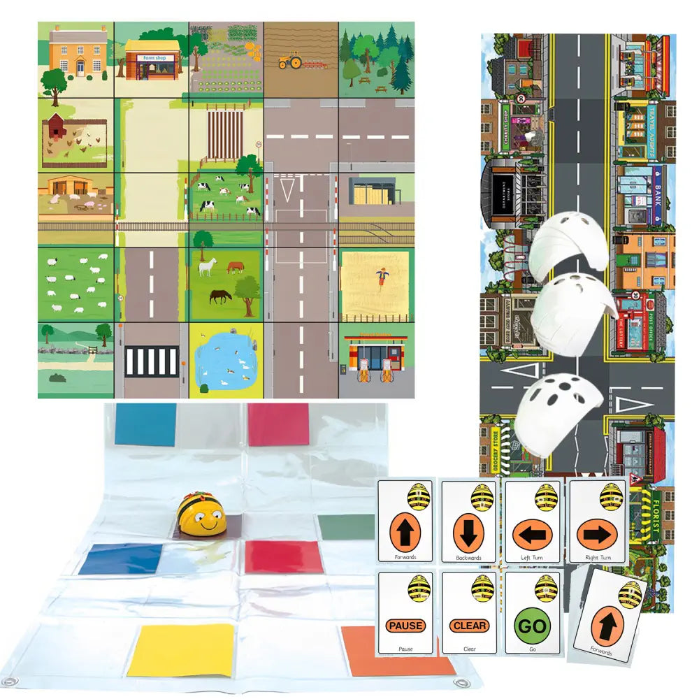 TTS Bee-Bot Starter Pack - Countryside, Transparent Pocket &amp; Busy Street Mats - 49x A5 Sequence Cards, 10 Clip-On Shells for Coding, STEM &amp; Programming Fun | 3+ Years