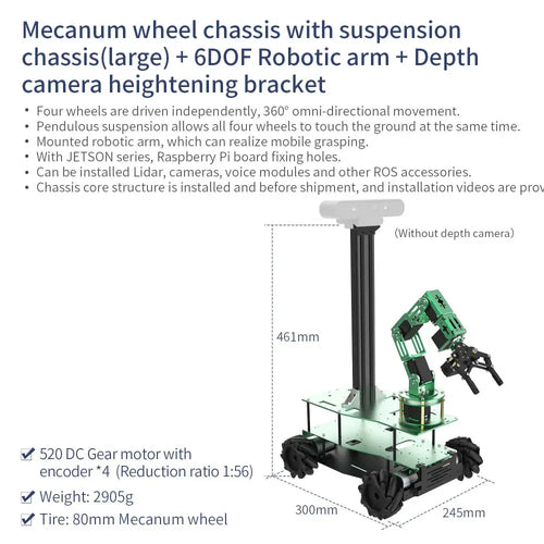 Yahboom Aluminum Alloy ROS Robot Car Chassis--Pendulous Mecanum wheel chassis+6DOF Robotic Arm(Not include depth camera)