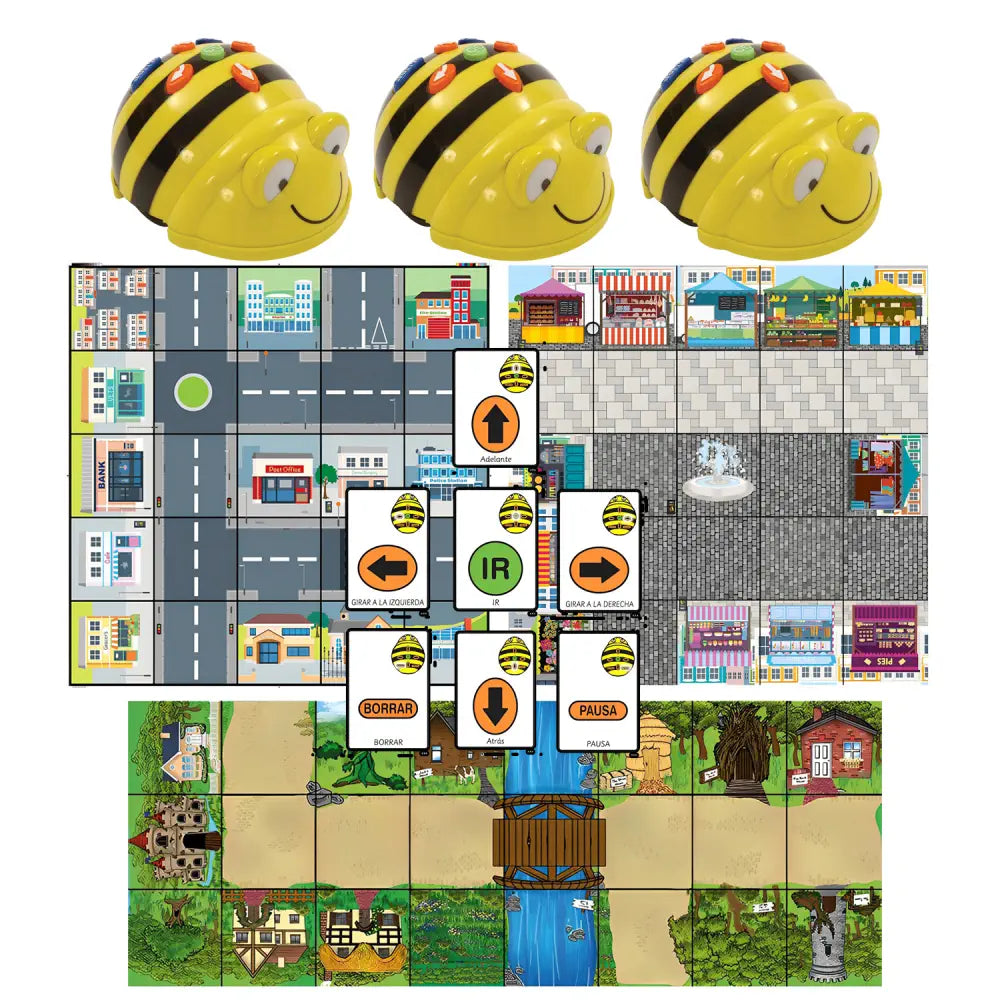 TTS Bee-Bot Classroom Bundle - 49xA5 Sequence Cards, Marketplace, People Who Help Us &amp; Fairy Tale Mats - STEM Programming, 200-Step Memory, Audio Playback - Starter Pack