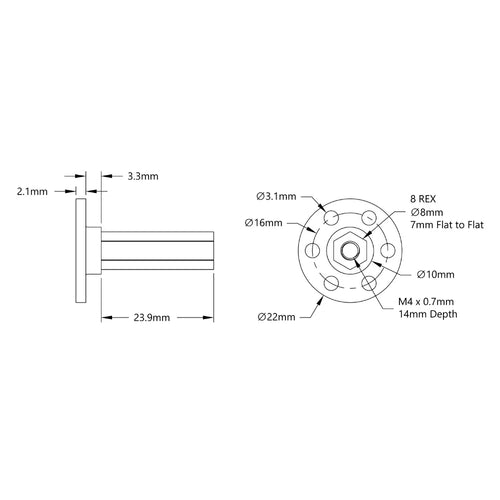 Flanged Stainless Steel Shaft for REV Motion Pattern (8mm REX, 29mm Length)