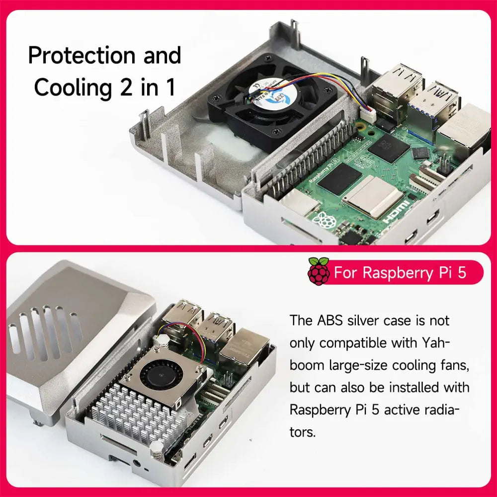 Raspberry Pi 5 Silver ABS Case with PWM Cooling Fan