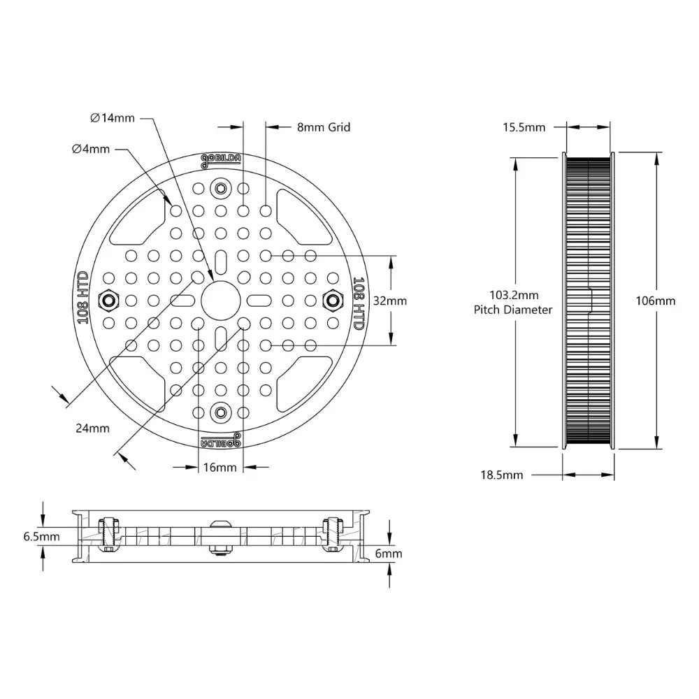 ServoCity 3402 Series 3mm HTD Pitch Plastic Hub Mount Timing Belt Pulley (14mm Bore, 108T)
