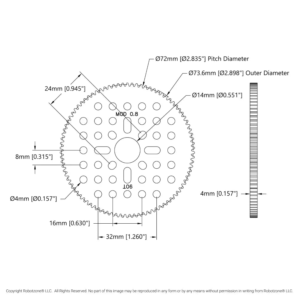 ServoCity 90 Tooth Hub-Mount Gear (MOD 0.8, 4mm Thick Acetal)