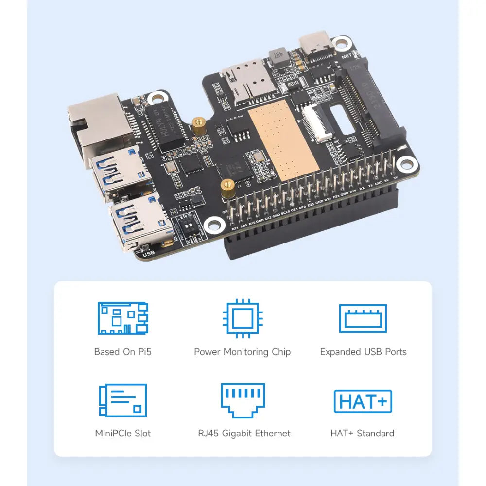 PCIe to minipcie / Gigabit Ethernet / USB 3.2 Gen1 HAT for Raspberry Pi 5, Supports minipcie Interface 4G Module, High-Speed Networking, Raspberry Pi 5 HAT