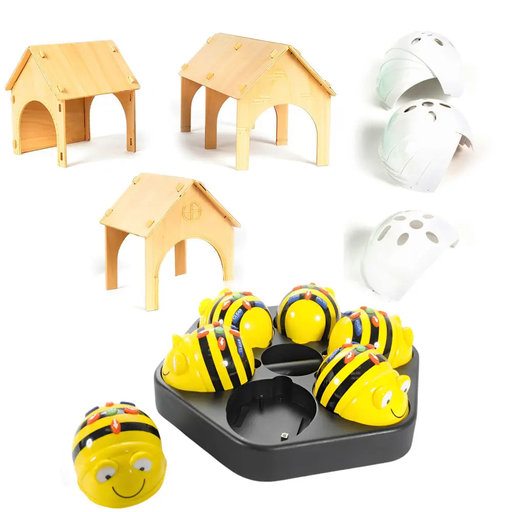 TTS 6 Bee-Bo t Programmable Robots Bundle with Docking Station, 3 Wooden Tunnels &amp; FREE 10 Pcs Clip-On Shells White - STEM Coding &amp; Robotics Learning for Kids | Age 3+