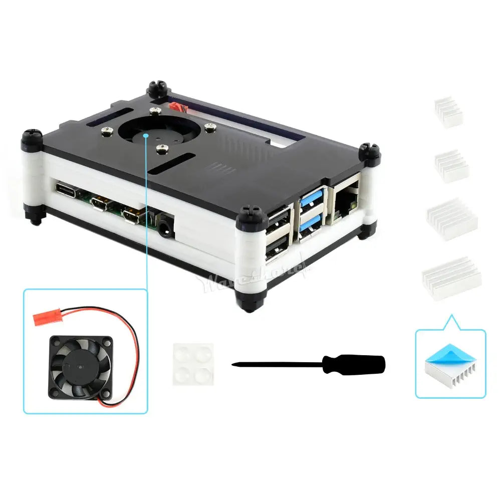 Waveshare Black/White Acrylic Case for Raspberry Pi 4 w/ Cooling Fan