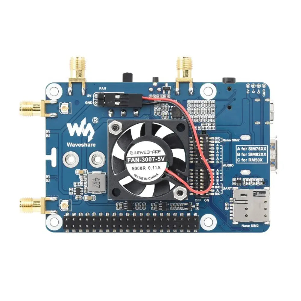 Waveshare RM500U-CNV 5G HAT for Raspberry Pi, Quad Antenna LTE-A, Multi Band, 5G/4G/3G (Case, US)