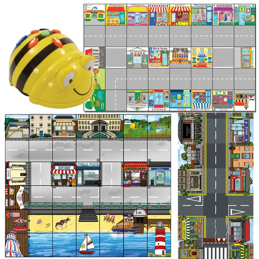 TTS Bee-Bot Coding Robot - See &amp; Say with Seaside, French Town &amp; Busy Street Mats - STEM Programming, Audio Playback, 200-Step Memory | Age 3+