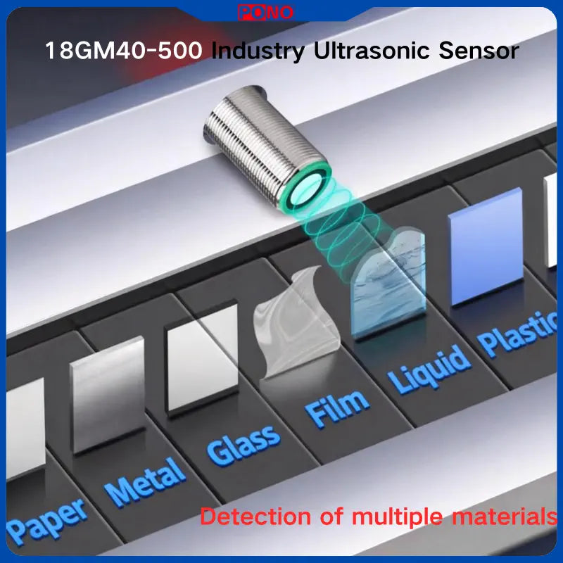 PONO Industrial Ultrasonic Sensor 18GM40-500-N, Range 500mm, IP67, NPN Output