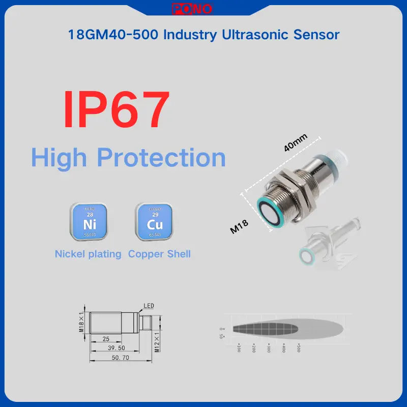 PONO Industrial Ultrasonic Sensor 18GM40-500-N, Range 500mm, IP67, NPN Output