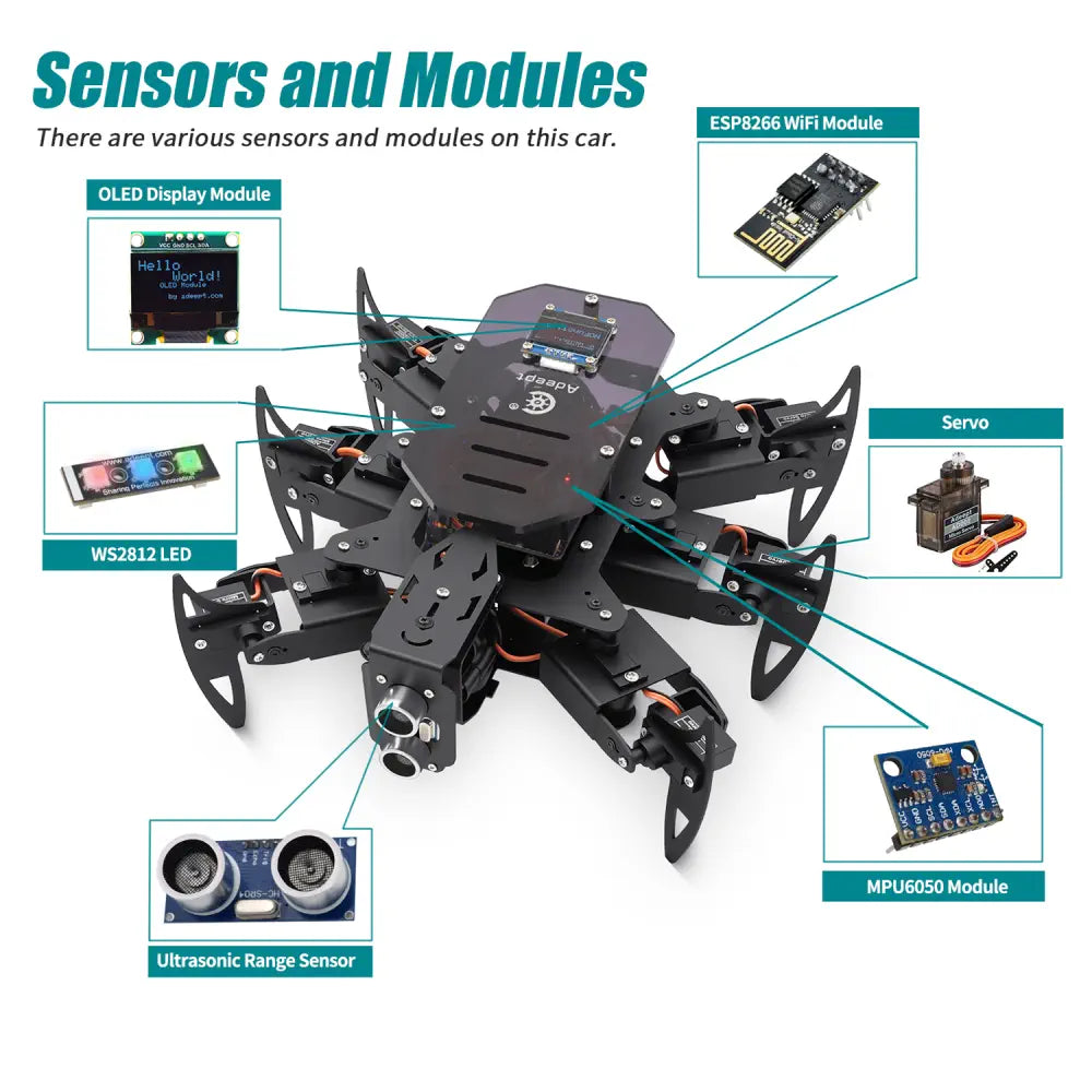 Adeept Hexapod Metal Spider Robot Kit w/ Pixie Board V3.0