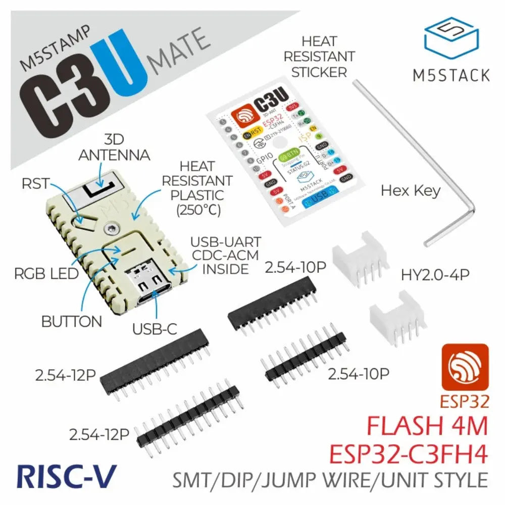 M5Stamp C3U Mate w/ Pin Headers (ESP32-C3, RISC-V, 2.4 GHz Wi-Fi)
