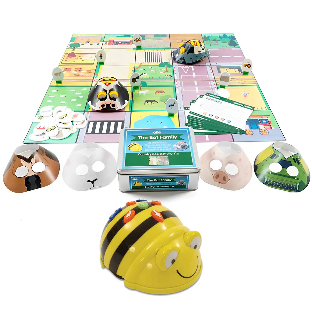 TTS Bee-Bot Programmable Floor Robot See &amp; Say Version Bundle with Countryside Mat 75x75 cm &amp; Activity Tin STEM Education Coding Toys Classroom Learning Kit for Kids 3+ years