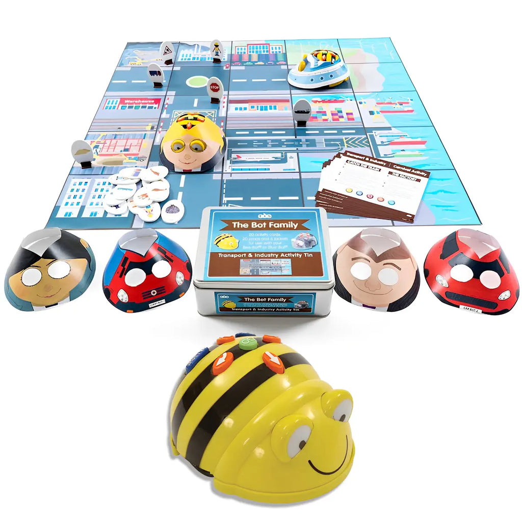 TTS Bee-Bot Programmable Robot See &amp; Say Version with Transport &amp; Industry Mat 75x75 cm &amp; Activity Tin Bundle | Coding STEM Education Toys for Kids Classroom Learning Set